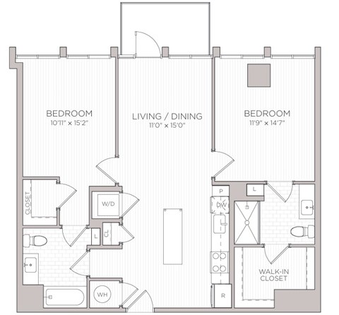 Floor plan for 2 beds, 2 baths, 1043 sqft